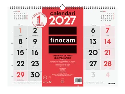 Finocam Calendario de Pared Anual 2027 en Catalán - Formato L - 430x310mm - Espiral Doble - Papel 120g/m2 - Números Grandes - Rojo y Blanco