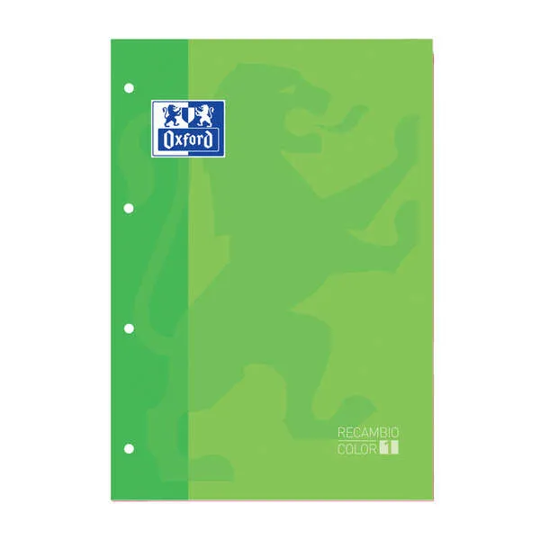 Oxford School Classic Recambio Encolado A4 80 Hojas Cuadricula 5X5 - Recuadro Del Color De La Tapa - Tapa Color Verde