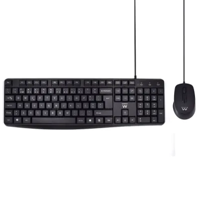 Ewent Teclado y Ratón para Oficina QWERTY PT - Teclas Silenciosas - 1000dpi - Cable 1.35m - Negro
