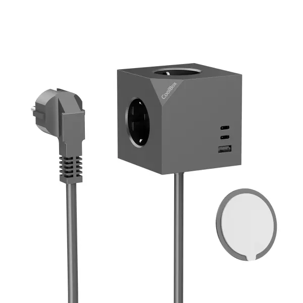 Coolbox Cubik Magnet Cubo Multienchufes de Sobremesa 3 Tomas + 2x USB-C 20W + 1x USB-A 15W - Cable 1,4m - Color Gris
