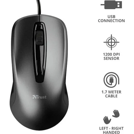 Trust Ratón Carve Cable Usb 1200Dpi Ambidiestro 3 Botones Negro