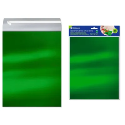 Bismark Pack De 4 Sobres Metalizados - Medidas 324X254Mm - Cierre Autoadhesivo - Ideal Para Regalos - Color Verde Metalizado