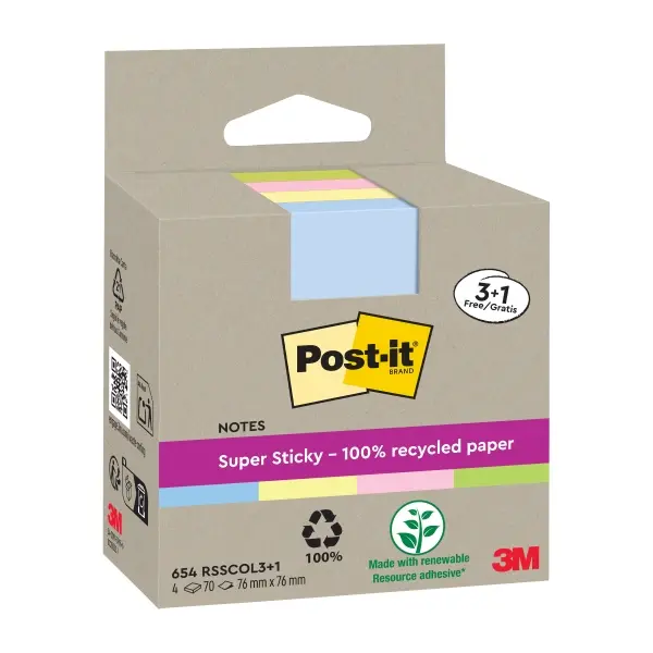 Post-it Super Sticky Pack de 4 Blocs de 70 Notas Adhesivas Recicladas 76x76mm Colores Surtidos