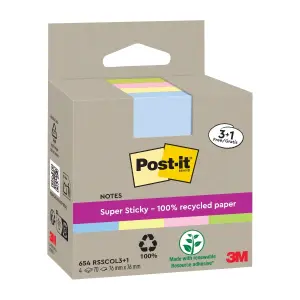 Post-it Super Sticky Pack de 4 Blocs de 70 Notas Adhesivas Recicladas 76x76mm Colores Surtidos