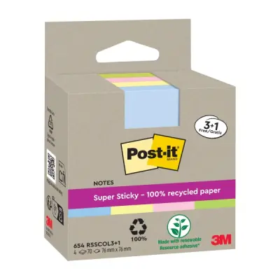 Post-it Super Sticky Pack de 4 Blocs de 70 Notas Adhesivas Recicladas 76x76mm Colores Surtidos