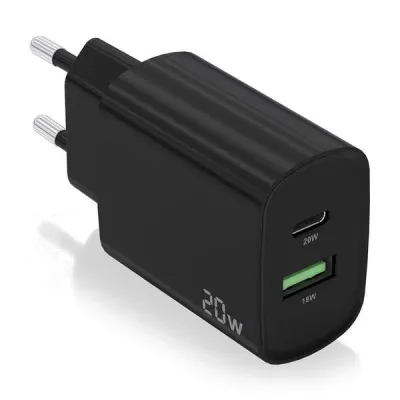Aisens Cargador 20W USB-C PD3.0 y USB-A QC3.0 Color Negro