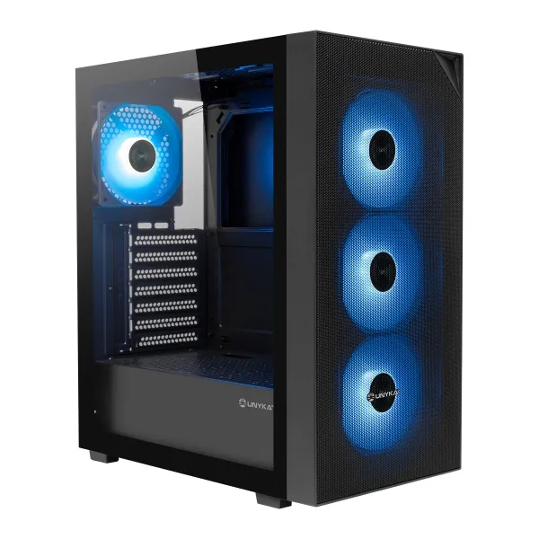 Unykach Revelat Mesh Compact Edition Caja Atx, Micro Atx, Itx - Lateral De Vidrio Templado - 3.5", 2.5" - Usb-A 2.0, Usb-3.0 Y Audio - 4 Ventiladores Argb - Soporta Refrigeracion Liquida - Color Negro