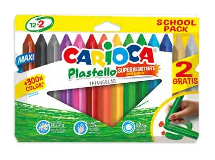 Carioca Plastello Maxi Pack 12+2 Plasticeras Triangulares Brillantes Lavables Colores Surtidos