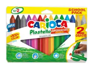 Carioca Plastello Maxi Pack 12+2 Plasticeras Triangulares Brillantes Lavables Colores Surtidos