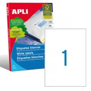 APLI ETIQUETAS ADHESIVAS 210X297MM INKJET/LÁSER C/RECTOS 1 X 100H BLANCO