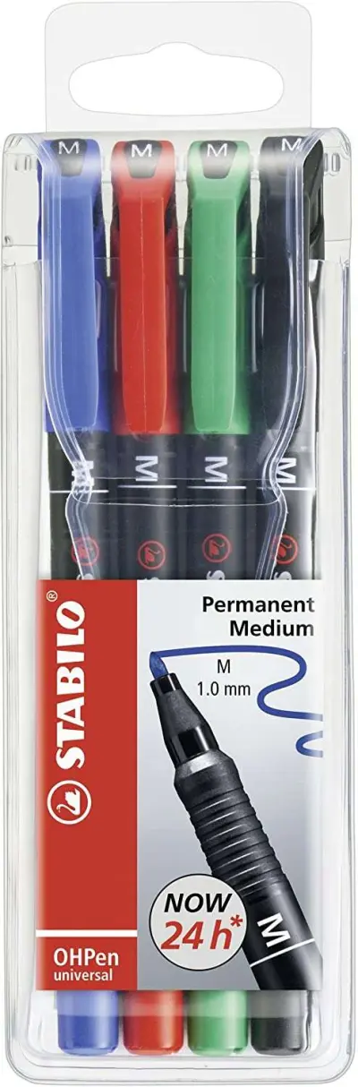Stabilo OHPen Pack de 4 Rotuladores Permanentes - Punta Media - Trazo de 1mm - Agarre Antideslizante - Tapon Ventilado - Colores Surtidos