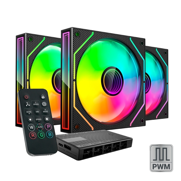 Mars Gaming Mf-3Dprokit Pack De 3 Ventiladores De 120Mm - Iluminacion Argb Infinity Mirror 360º - Silencioso 12Db - Mando A Distancia Y Hub Argb - Color Negro