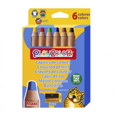 PlayColor Maxi Pack de 6 Lápices de Colores Punta Gruesa + Sacapuntas, Trazo Extrasuave, Colores Surtidos