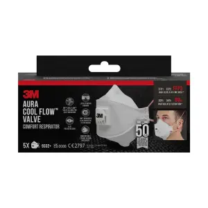 3M Aura Comfort Cool Flow FFP3 Pack de 5 Mascarillas Desechables con Válvula