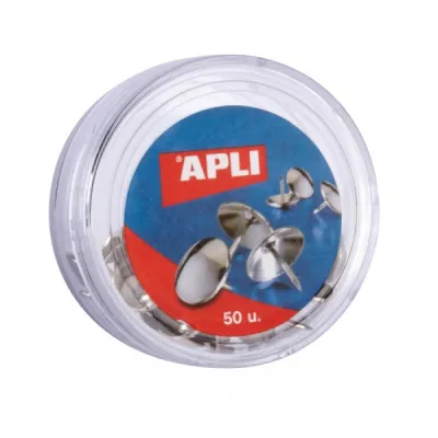 Apli Caja de 50 Chinchetas Niqueladas con Cabeza Redondeada y Punta Afilada - Color Plata