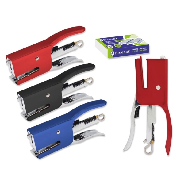 Bismark Grapadora Mini Tenaza + 2000 Grapas - Capacidad De Grapado 15 Hojas - Diseño Ergonomico - Alta Durabilidad - Colores Surtidos