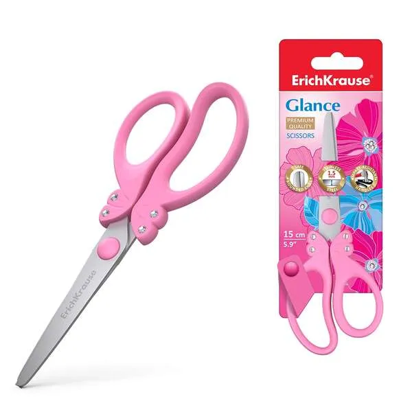 Erichkrause Glance Tijeras Con Cuchillas De Acero Inoxidable 15Cm - Extremos Redondeados - Mangos Ergonomicos - Colores Aleatorios Rosa Y Morado