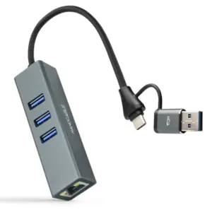 Nanocable Adaptador USB-C a Ethernet Gigabit 10/100/1000 Mbps + Hub 3xUSB-A 3.0 - 15 cm - Gris