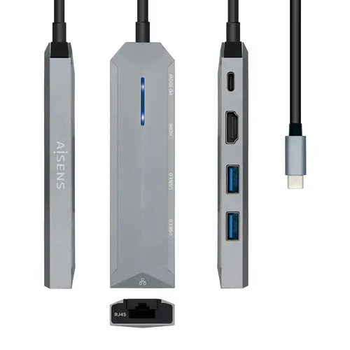 Aisens USB-C Dock 5 en 1 con HDMI, RJ45, 2xUSB y Power Delivery - 15cm - Gris