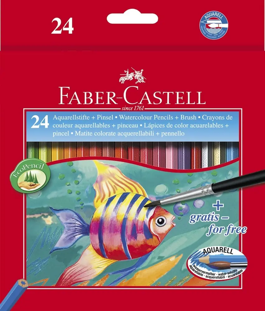 Faber-Castell Classic Colour Acuarelable Pack de 24 Lapices de Colores Hexagonales Acuarelables + Pincel - Resistencia a la Rotura - Colores Surtidos