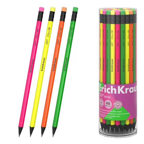 ErichKrause JOY Lápiz de Grafito HB con Goma de Borrar - Cuerpo Redondo y Ergonomía - Colores Surtidos