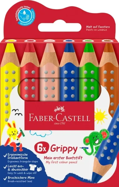 Faber-Castell Grippy Pack Con 6 Lapices De Colores Gruesos Mina Xxl Suave - Forma Triangular Con Grip - Colores Surtidos
