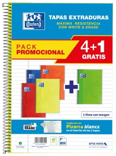 Oxford Cuaderno Espiral Classic White & Erase 80H Folio 1 Línea T/Extradura Pack 4+1