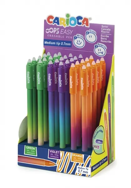 Pack Carioca Oops Easy Expositor De 30 Boligrafos Borrables - Tinta Termo Sensible - Cuerpo Con Efecto Degradado - Punta De Ø 0.7Mm - Doble Goma - Color Varios