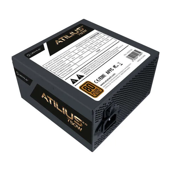 UNYKA Fuente De Alimentación 750W Atilus 80Plus Bronze PFC Activo Ventilador 120mm Silencioso Negra