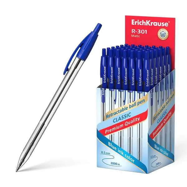 Erichkrause R-301 Matic Boligrafo Retractil Punta De Bola 1.0Mm - Tinta De Secado Rapido - Cuerpo Transparente - Color Azul