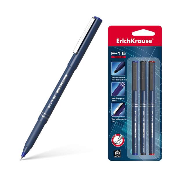 Erichkrause F-15 Pack De 3 Rotuladores Punta Fina - Trazo De 0.6Mm - Clip Metalico - Color Negro, Azul Y Rojo