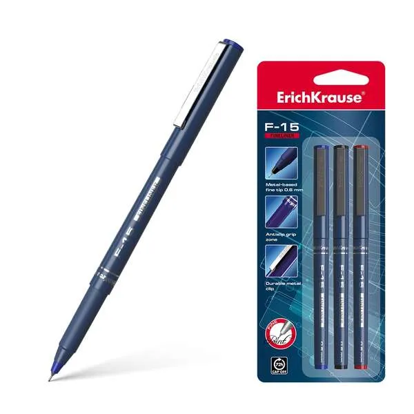 Erichkrause F-15 Pack De 3 Rotuladores Punta Fina - Trazo De 0.6Mm - Clip Metalico - Color Negro, Azul Y Rojo