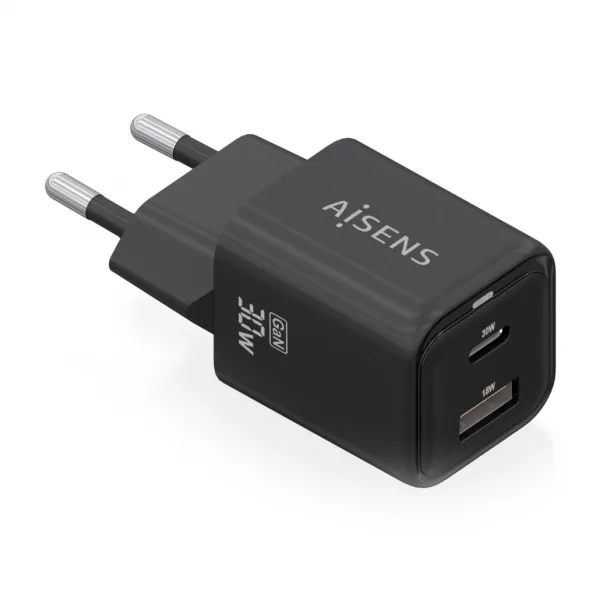 Aisens Cargador Gan Usb-C 30W - Alta Eficiencia Energetica - Tecnologia Ai Para Carga Rapida - Multiples Protecciones De Seguridad - Compatible Con Usb-C Y Usb-A - Carga Simultanea