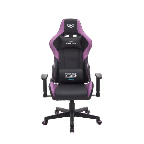 Cromad Serie Demon Lord Silla Gaming - Estructura Robusta - Piel Sintetica De Alta Calidad - Altura Regulable Con Piston De Gas Clase 2 - Respaldo Reclinable - Cojin Lumbar Y Cervical - Reposabrazos Regulables - Color Negro/Violeta