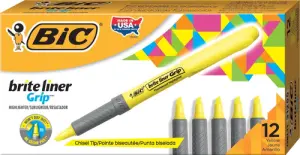 Bic Marcador Fluorescente Highlighter Grip Punta Biselada Amarillo Caja 12 Unidades