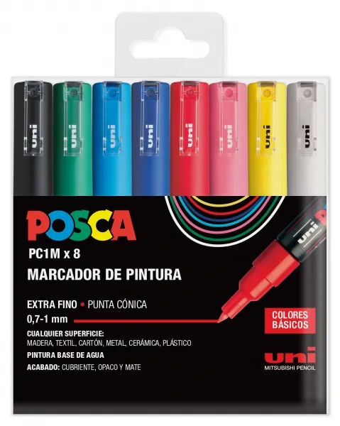POSCA Estuche 8 Marcadores PC-1M/8C No Permanente Punta Fina 0.9mm-1.3mm Surtidos Basic