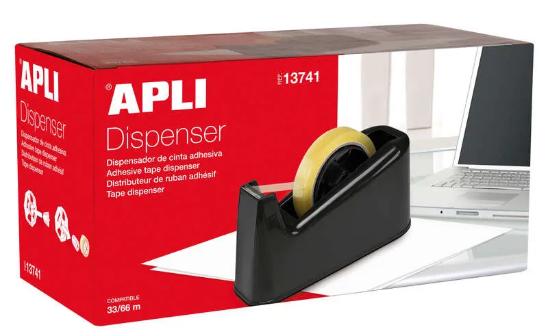 Apli Trade Portarrollos Para Cinta Adhesiva De 33 Y 66 Metros - Cuchilla Dentada - Base De Goma Antideslizante - Color Negro