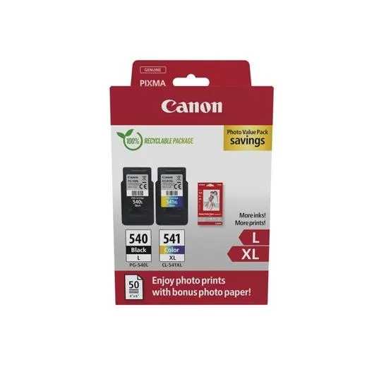 Canon PG540L Negro + CL541XL Color Cartuchos de Tinta Originales + 50 Hojas Papel Fotográfico