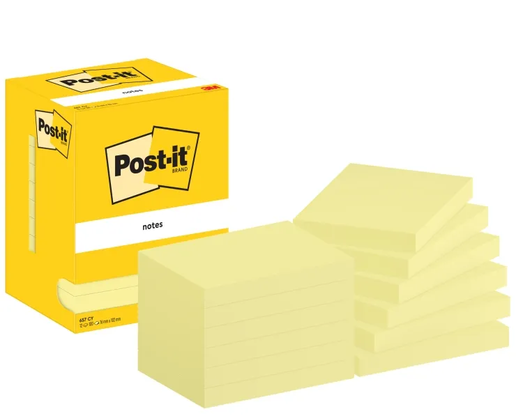 Post-it Pack de 12 Blocs de 100 Notas Adhesivas Reposicionables 76x102mm Amarillo Claro