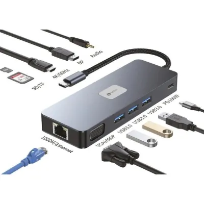 Leotec Adaptador 11 en 1 Plus USB-C a DisplayPort, HDMI, VGA, RJ45, 3xUSB-A 3.2, USB-C PD, TF/SD, Audio - Gris
