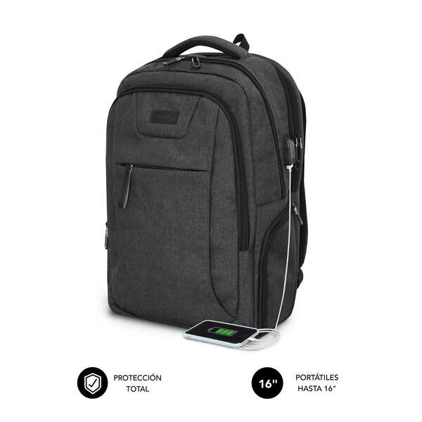 Subblim Mochila Air Padding Para Portatil De 16" - Departamentos Y Bolsillos Organizadores - Resistente Al Agua - Puerto Usb - Color Negro