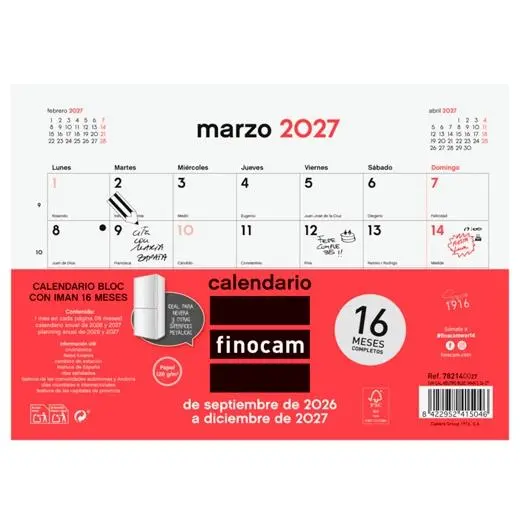FINOCAM CALENDARIO BLOC CON IMÁN 16 MESES PARA ESCRIBIR S-210X150MM NEUTRO 2026-2027