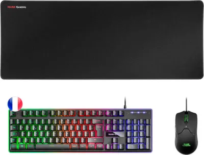 Mars Gaming Pack Premium Teclado Híbrido H-MECH, Ratón 10K, Alfombrilla XXL, Iluminación FRGB Rainbow