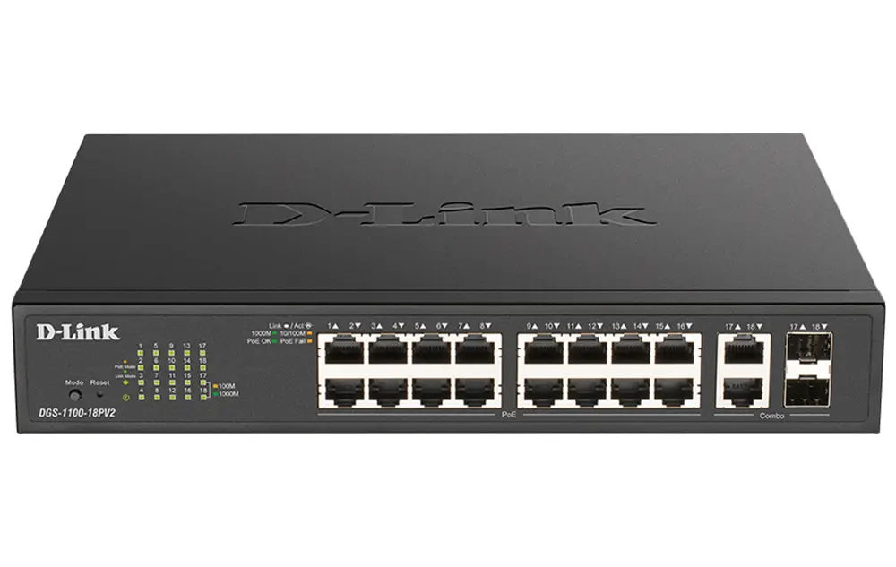 D-Link DGS-1100-18PV2 Switch Semigestiónable 16 Puertos Giga PoE + 2 Combo Giga/SFP 130W Rack