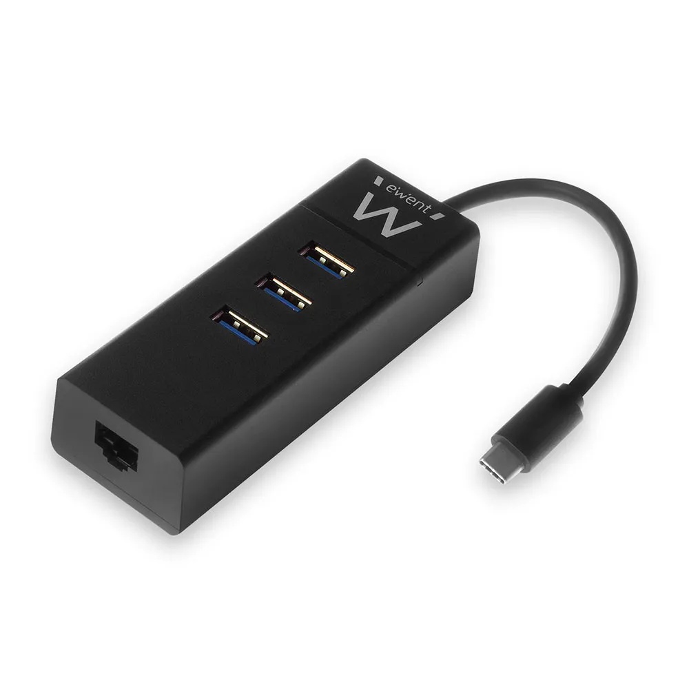 Ewent Hub USB-C 4 en 1 - 3x USB-A - 1x RJ45 - hasta 1000Mbps - Cable de 15cm - Color Negro