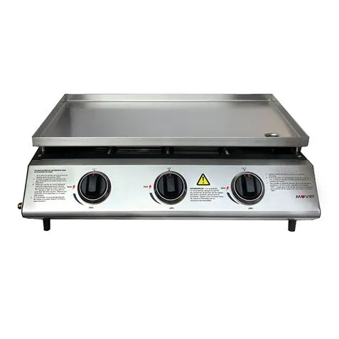 Muvip Plancha De Asar De Gas - 3 Quemadores - Panel De Control Y Plancha De Acero - Bandeja Recoge Grasas - Llama Regulable - Superficie Antiadherente