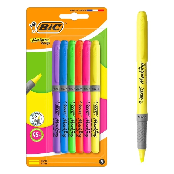 Bic Highlighter Grip Pack Con 6 Marcadores Fluorescentes - Punta Biselada - Trazo Entre 1.60 Y 3.30 Mm - Grip Texturizado - Colores Surtidos