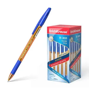 ErichKrause R-301 Bolígrafo de Bola 0.7mm con Grip de Goma, Tinta de Secado Rápido, Naranja Transparente, Capuchón Ventilado, Color Azul