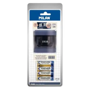 Milan 1918 Serie Sacapuntas Electrico Doble Estandar y Maxi - Cuchilla de Acero al Carbono con Seguridad - Gran Deposito - Pilas Incluidas - Color Azul Marino