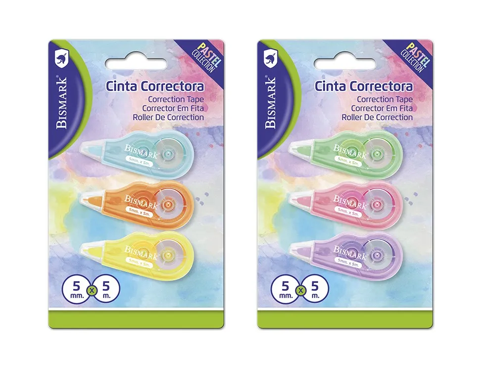 Bismark Mini Pastel Pack de 3 Cintas Correctoras 5mm x 5m - Colores Surtidos